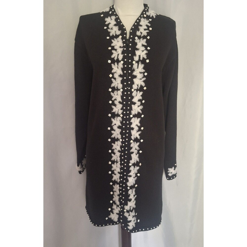 VTG Storybook Knits Cardigan Sweater Long Zippered Snowlakes & Pearls L